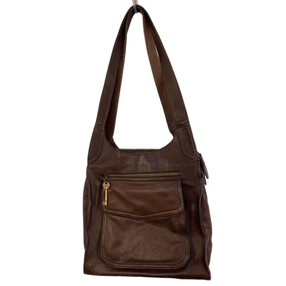 Womens VTG Fossil Brown Pebbled Leather Shoulder Bag Roomy Size Charm Detail GUC - Picture 2 of 16
